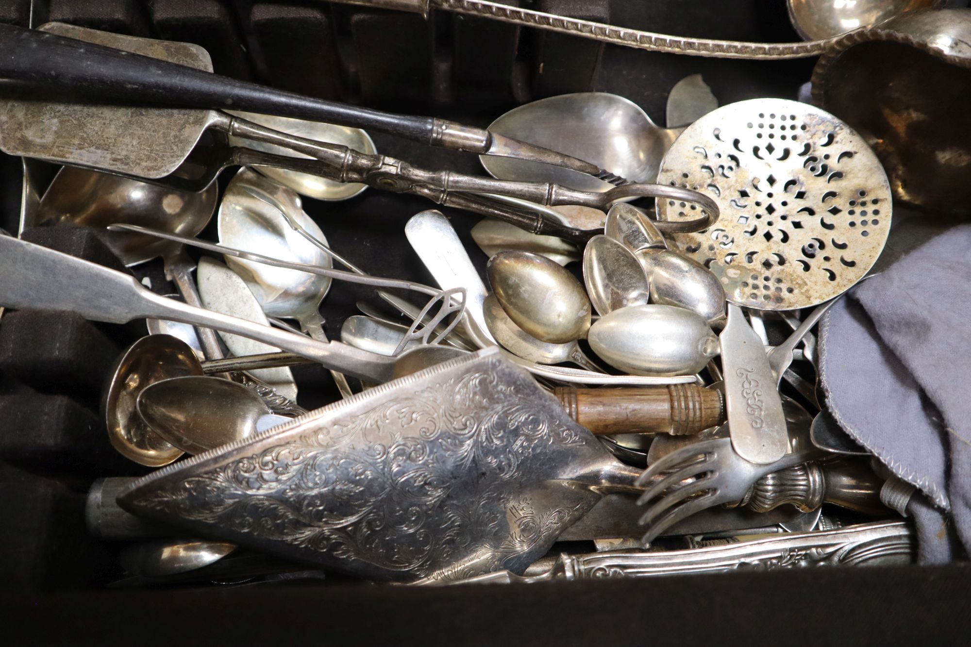 Various white metal and Sterling ladles and a quantity of mixed plated flatware
